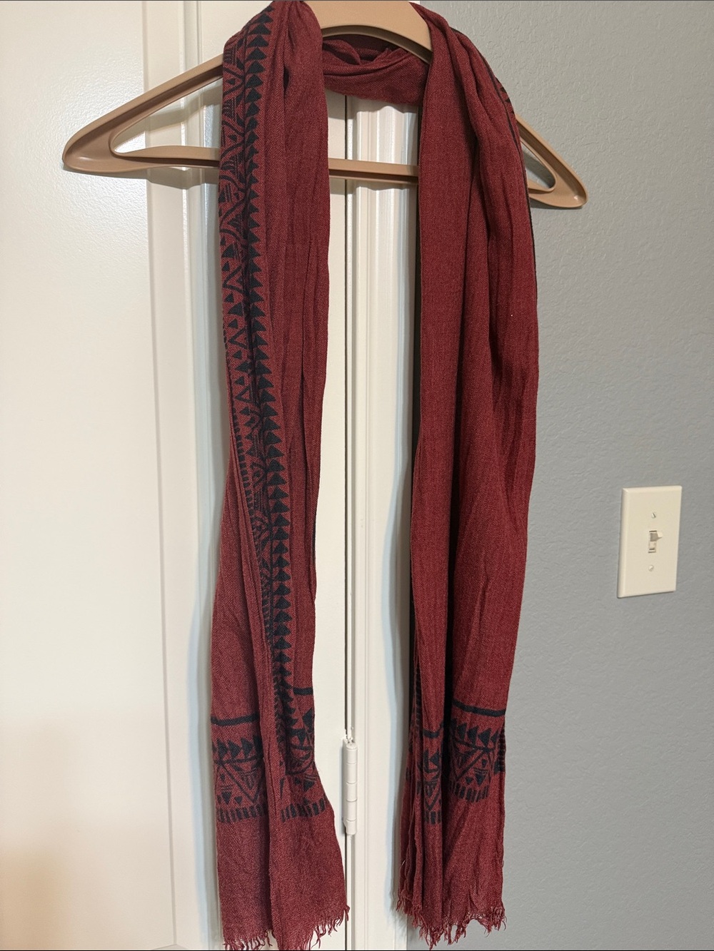 BKE Burgundy Red Scarf with Black Geometric Trim